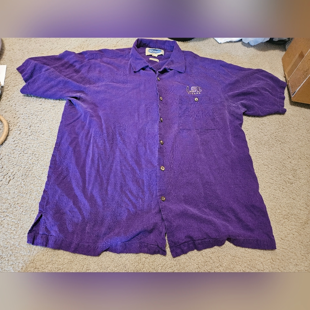 Pro Celebrity Men XL Purple Luxury Silk Button-Up Shirt Tropical Summer LSU Used